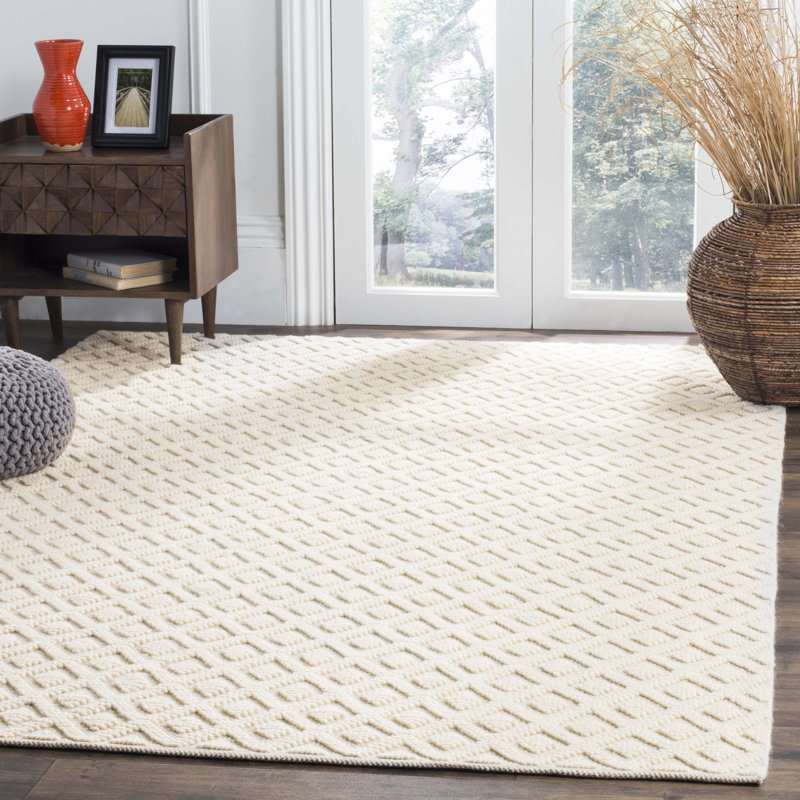 Bareen Geometric Handmade Tufted Wool/Cotton Area Rug in Ivory, Rectangle 9' x 12'