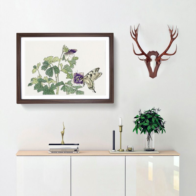 Butterfly on a Purple Flower by Morimoto Toko - Picture Frame Graphic Art Print, 62cm H x 87cm W x 2cm D, Walnut Framed