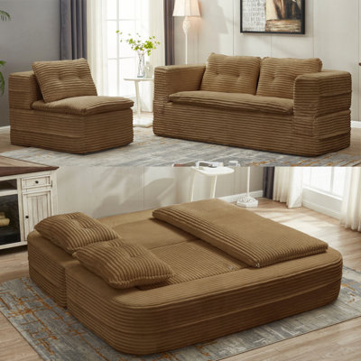 Multi Functional Sectional Sofa Bed with Independent Chaise Lounge and Functional Blanket,Plush Corduroy Sofa Couch,Convertible Sofa Bed,80" King Size Bed,Deep Seat Fluffy Sofa,Camel