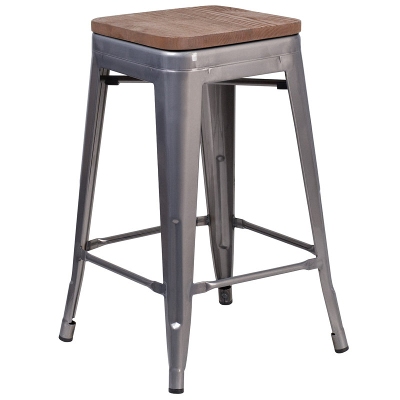Tabouret de bar 24 po de hauteur avec dossier carré en bois, Gris, 1, Tabouret de comptoir (assise de 24 po de hauteur)