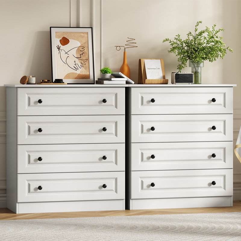 Commode de chambre à coucher 4 tiroirs l 29,5 po moderne en bois (ensemble de 2), Blanc