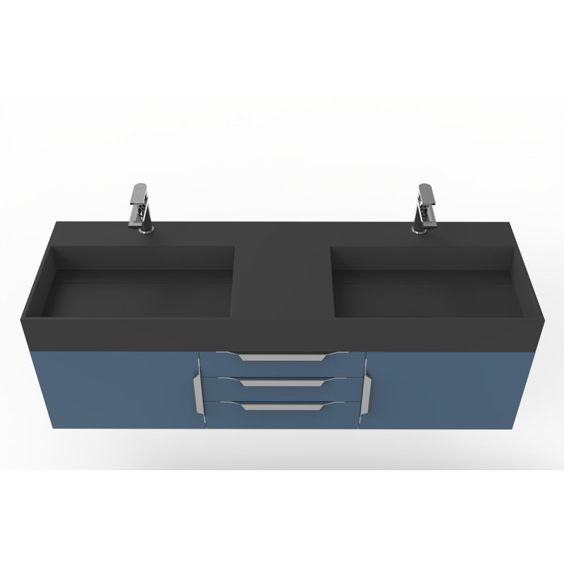 Russett 60'' Double Bathroom Vanity with Solid Surface Top, Black, Blue, Brushed Nickel