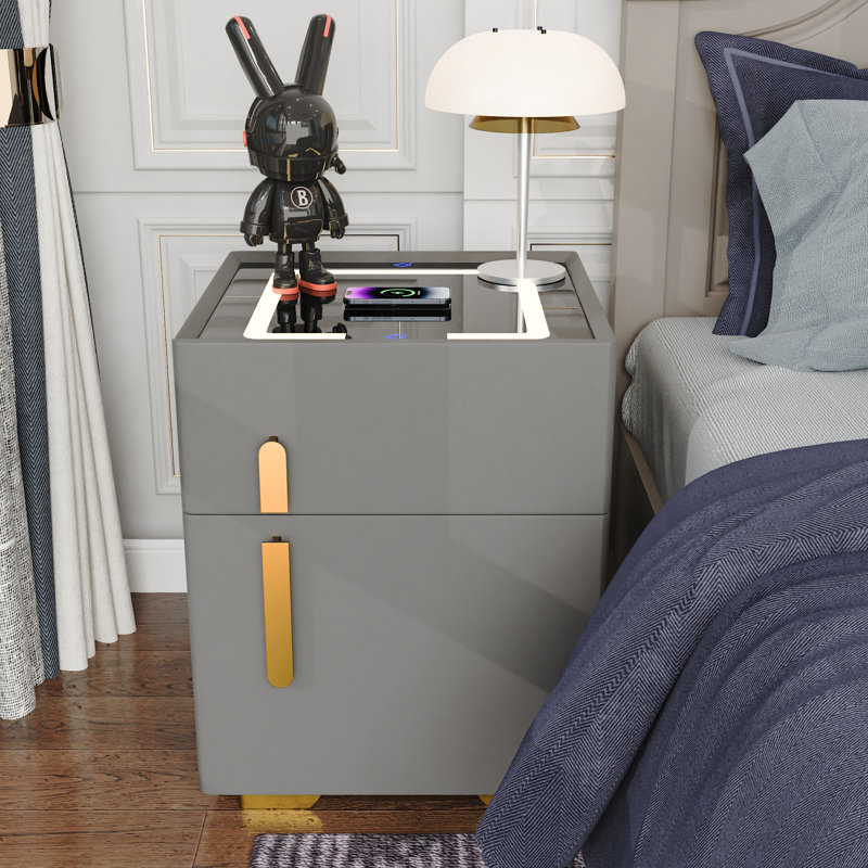 Table de chevet moderne à 1 tiroir avec coffre-fort, haut-parleur Bluetooth, recharge sans fil et éclairage à DEL (pré-assemblé)