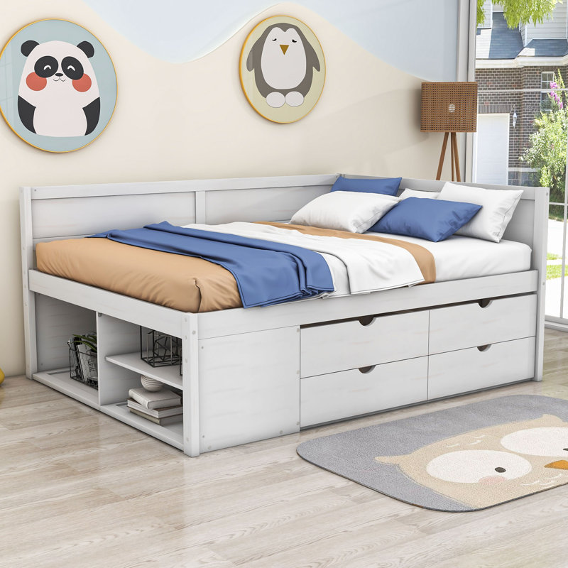 Kouta Wood Daybed with Drawers and Shelves, White, Full/Double