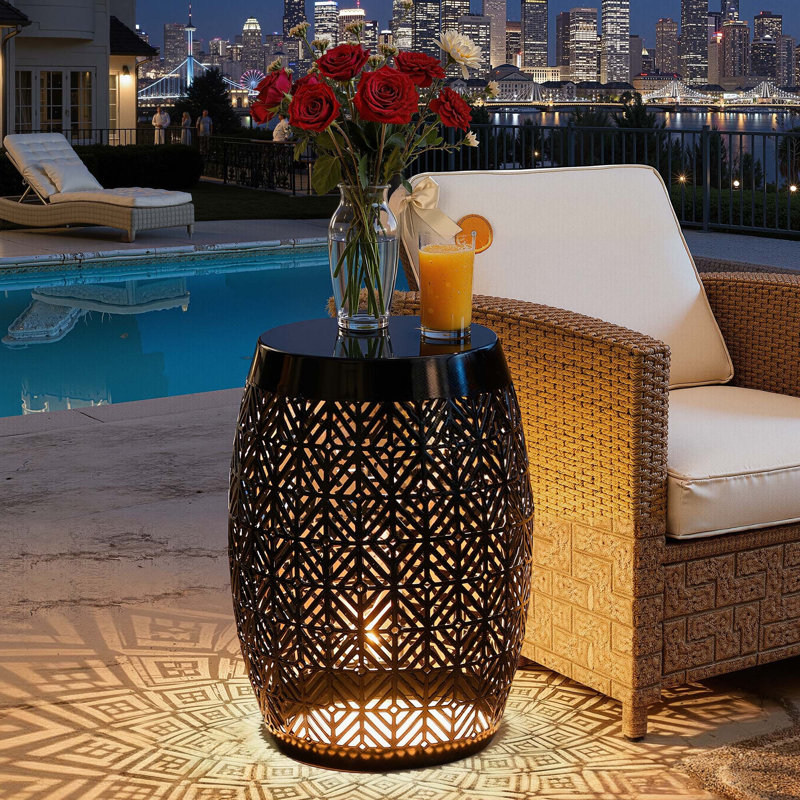 18" H LED Metal Side Table, Geometric Cut-Out Drum Design, Weather-Resistant for Outdoor Indoor, Glossy Black Geometric