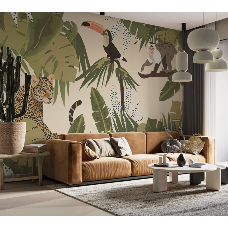 Adhésif mural pelez et collez - Jungle abstraite avec des animaux, L 82 po x l 115 po