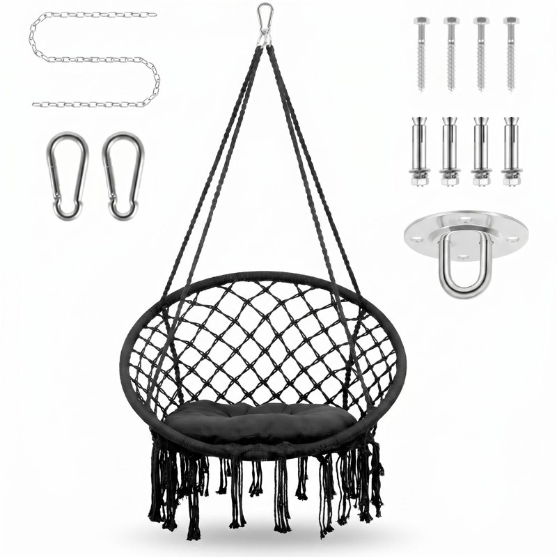 Balancelle stable en macramé, fauteuil suspendu pour chambre à coucher avec coussin moyen, balancelle robuste pour chambre à coucher avec structure en acier d'une seule pièce