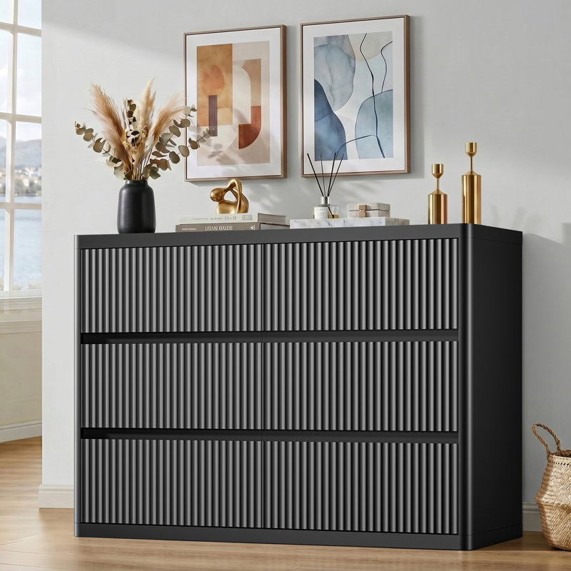 48" W Black Modern Curved Chest of Drawers, Fluted Dresser, Black