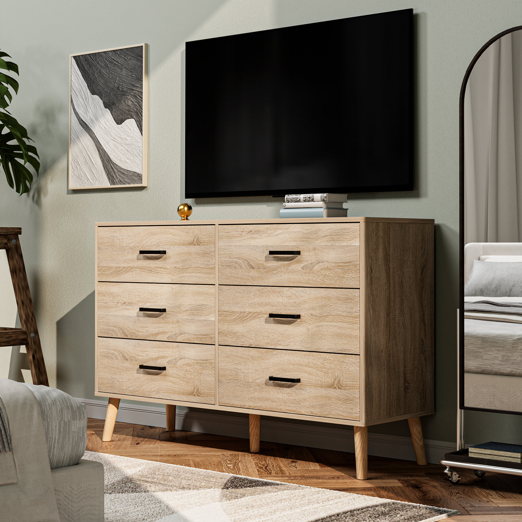 George Oliver 6 Drawers Dresser for Bedroom Wooden Dresser with Wooden Legs, Double Wide Dresser Organizer for Bedroom, Living Room, Entryway, Hallway | Wayfair