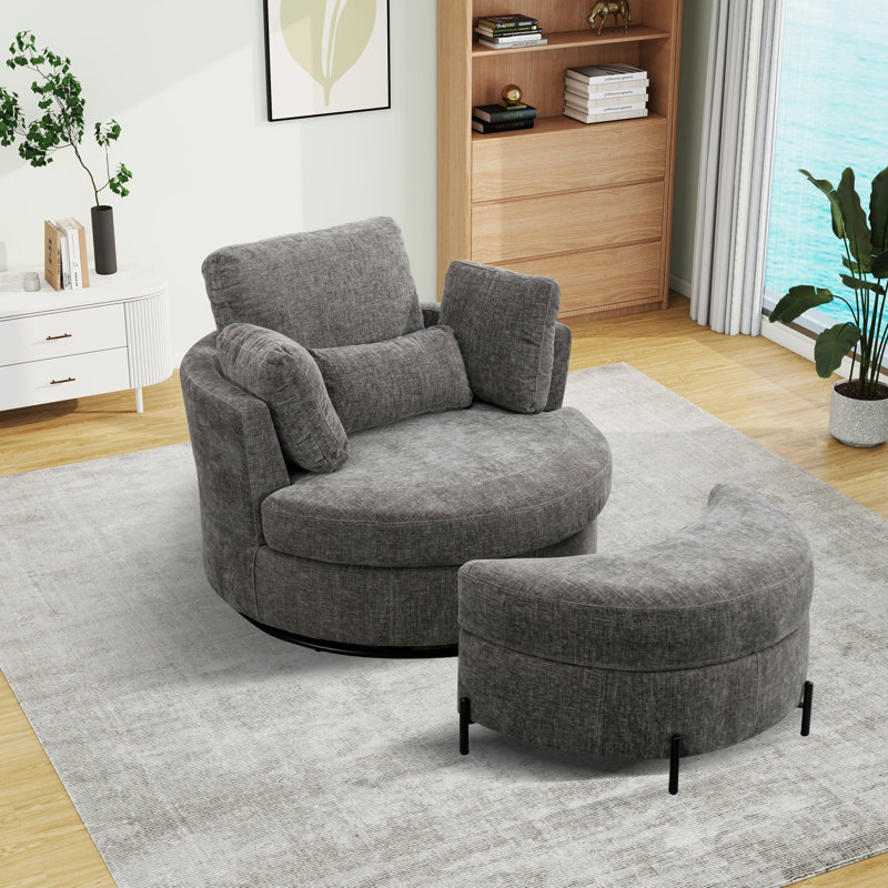 Achorn Upholstered Slipcovered Swivel Barrel Chair with Ottoman, Gray Chenille