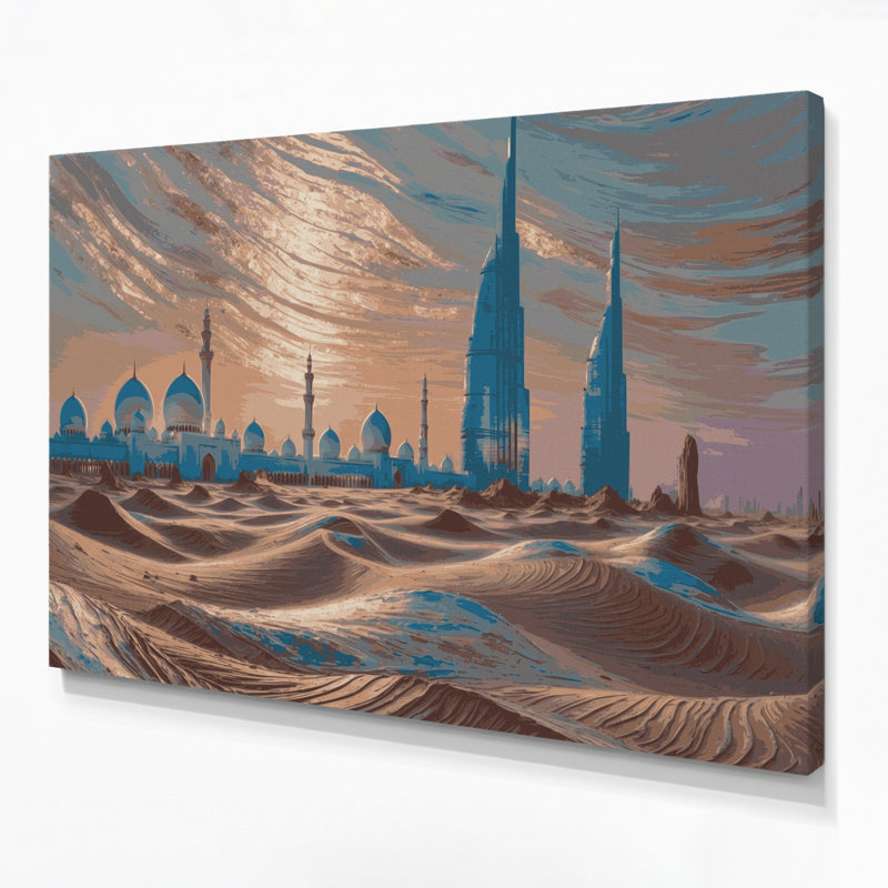 Art mural sur toile grises avec villes Abou Dabi, H 16 po x l 20 po