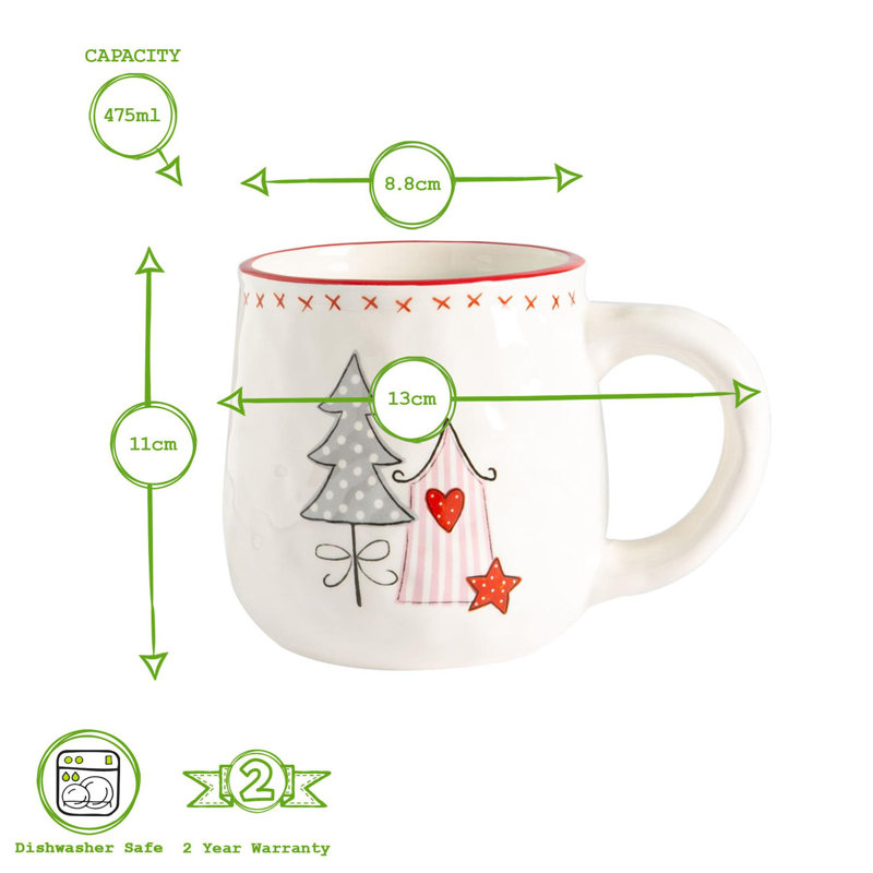 Nicola Spring - Patchwork Christmas Coffee Mugs - 475ml - White, 8