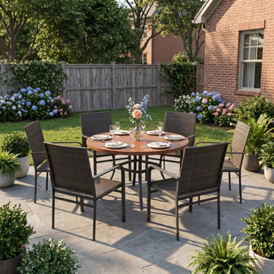 6-Person Round Patio Dining Set With Wicker Rattan Chairs