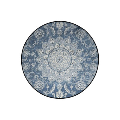 Blue Ethnic Patterned Traditional Round Woven Base Vintage Decorative Washable Rug