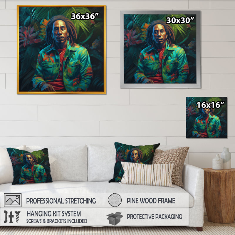 Bob Marley Miami Vibes sur toile, Cadre d'angle fermé noir, H 16 po x l 16 po x P 1 po