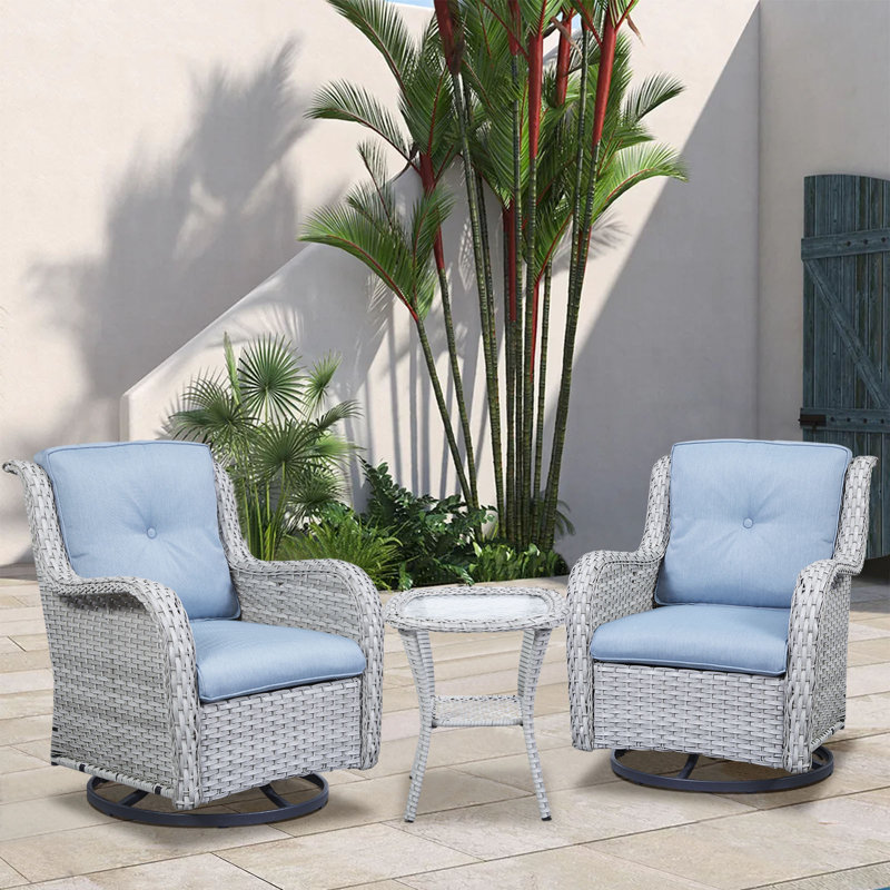 Ensemble de conversation d'extérieur en osier avec chaises berçantes et pivotantes et coussins 3 pièces Schutt, Bleu pastel
