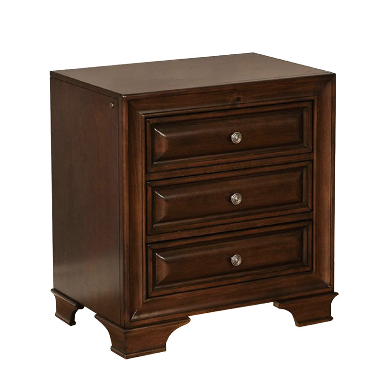 Table de chevet à 3 tiroirs en cerisier brun et puissance, conception en bois incrusté, veilleuse, solide pour chambre à coucher avec tiroirs, ports, prise de courant, incrustation, anglais
