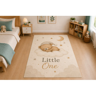 Tapis « Ultra Fin » 152 x 213 cm « Petit Ours en Peluche et Lune » pour chambre d'enfant, chambre à coucher, salon et bureau à domicile, moquette douce à poils courts avec envers antidérapant en silicone