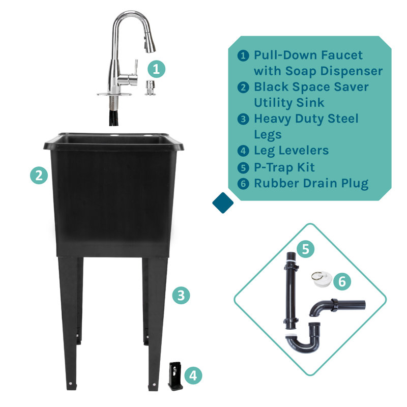17.75'' L x 23.25'' W Freestanding Laundry Sink with Faucet, Chrome, Black