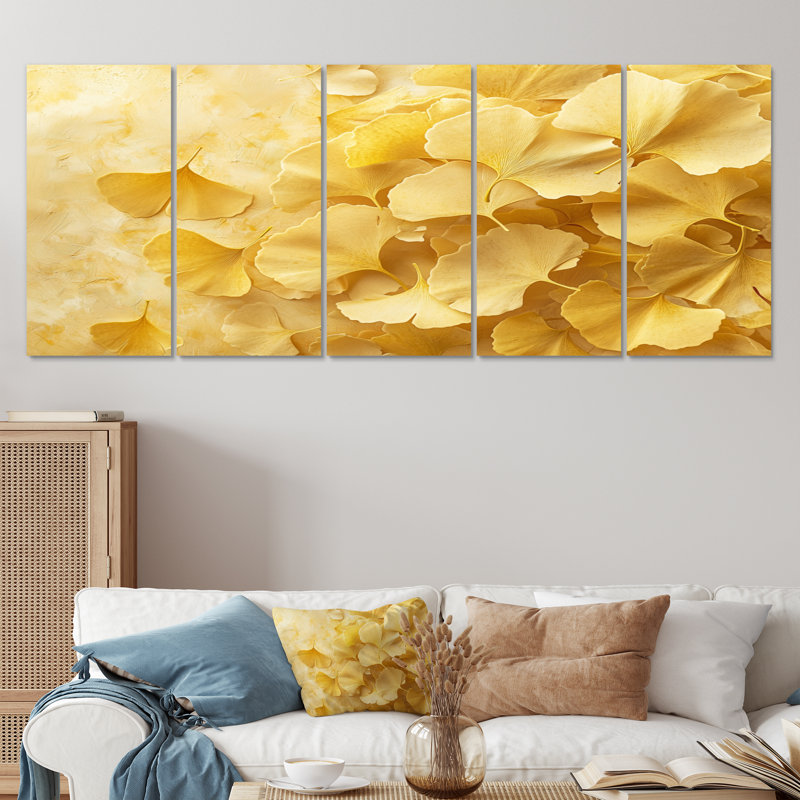 «Golden Ginkgo Leaves» Harmoy III - art mural Ginkgo - ensemble d'art mural traditionnel, H 32 po x l 80 po, 5