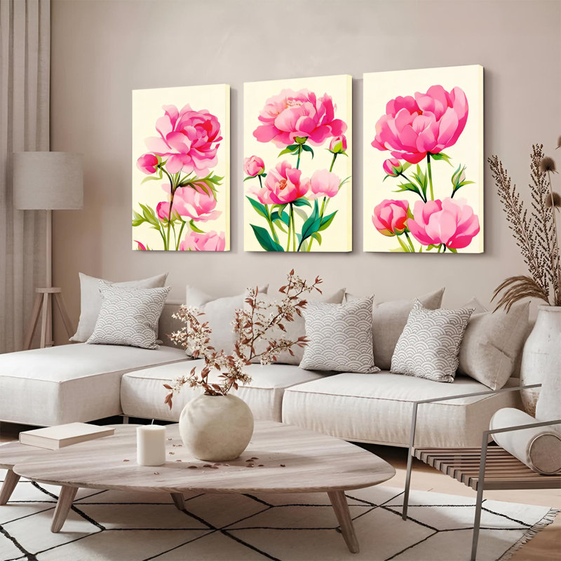 Ensemble de 3 tableaux muraux sur toile à motif floral de pivoines roses, H 24 po x l 48 po