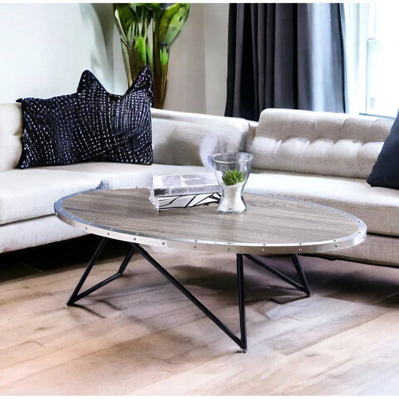 Oval Metal Base Coffee Table, Weathered Gray Oak Top, 70lbs Weight Limit Table With Black And Oak, Limit, 15in Height