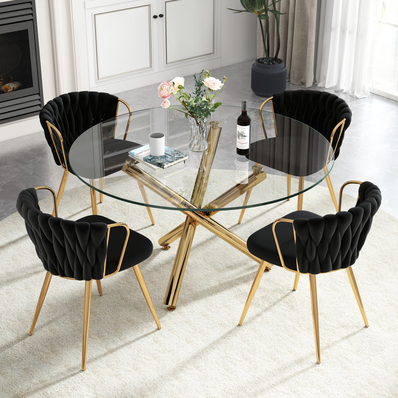 47in Round Glass Dining Set, 5 Pieces: Table, 4 Chairs, Black, Gold