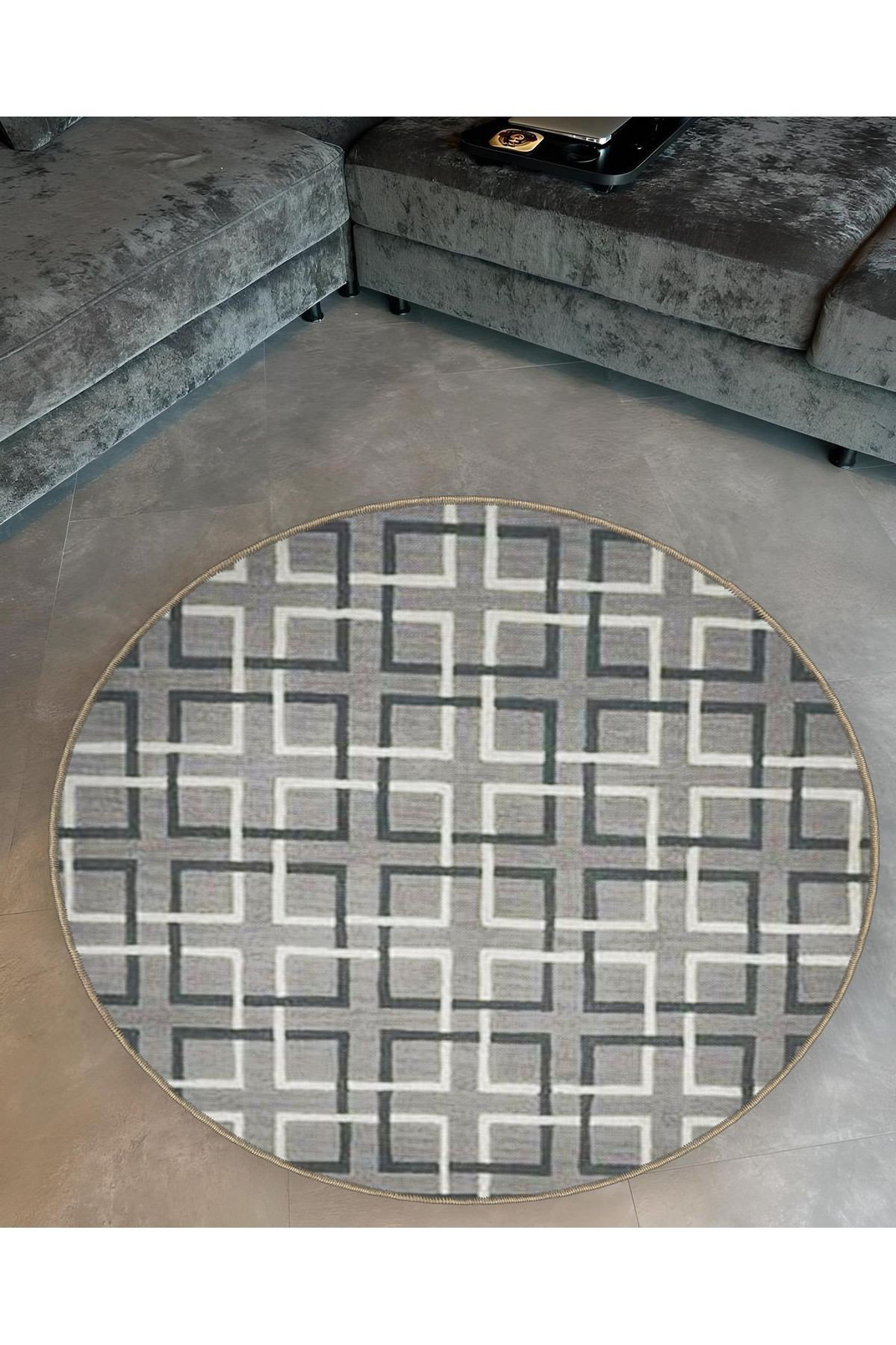 Hokku Designs Round Light Gray Square Pattern Detail Woven Base Modern ...