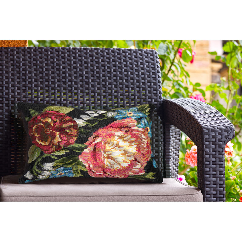 Marina Floral Outdoor Throw Pillow, Black, Square 18"