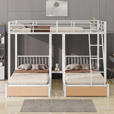 Metal Triple Bunk Bed With Drawers And Guardrails