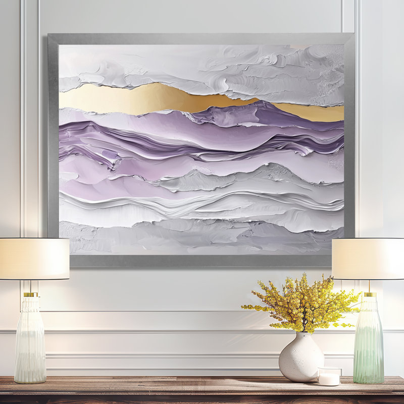Lavande et pierres, horizon transitionnel I - art mural transitionnel grand, Argent argent, Cadre simple, H 16 po x l 32 po