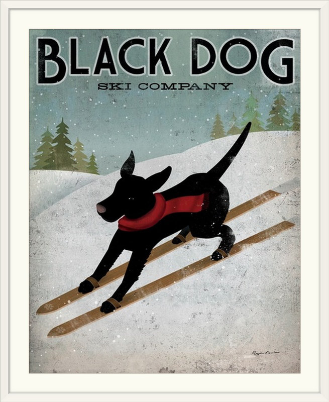 « black dog ski » par ryan fowler, affiche rétro, Cadre blanc, H 38 po x l 32 po x P 1 po