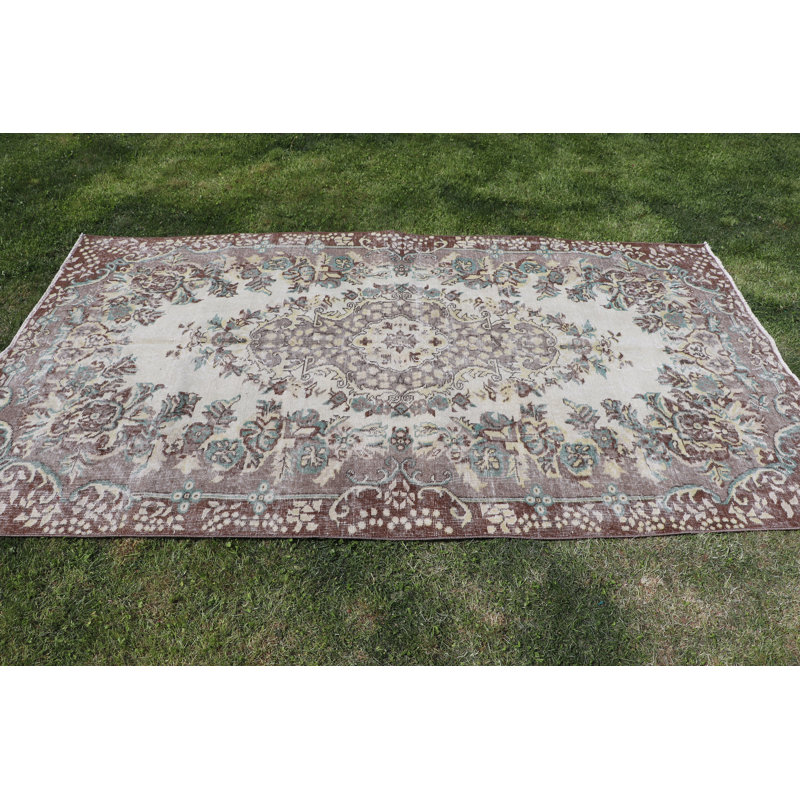 Tapis traditionnel turc Oushak - Tapis rétro pour cuisine dans des tons de beige