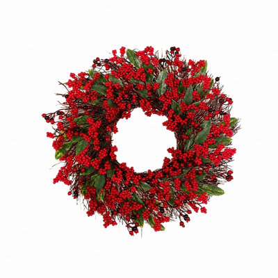 Couronne de porte d'entrée 18,9 po, rameau artificiel et couronne de baies pour la décoration des Fêtes