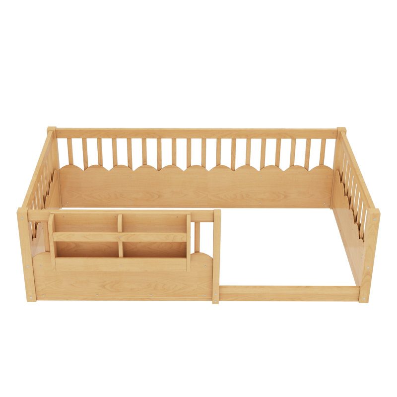 Lit simple avec clôture surélevée et bibliothèque, lit en bois pour enfants., Lit simple, Naturel