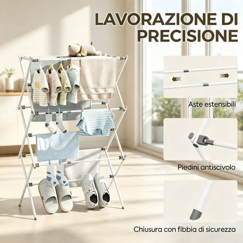 Expandable 3 Tier Foldable Portable Clothes Airer, White & Grey Laundry Drying Rack, Indoor & Outdoor Use