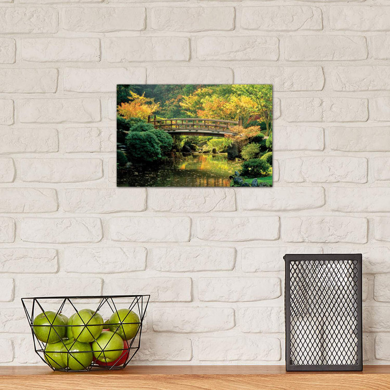 Autumn At The Moon Bridge, Japanese Garden, Portland, Oregon, USA - Wrapped Canvas Print, 20.32 cm H x 30.48 cm W