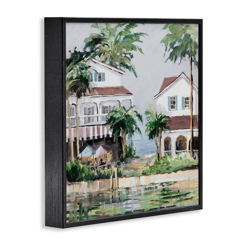 «Coastal Bay Cottage», estampe numérique par Jane Slivka, Giclée encadrée noir minuit, H 24 po x l 24 po