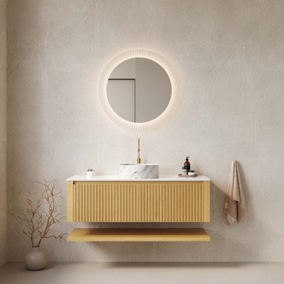 Meuble-lavabo de salle de bain avec lavabo, armoire de rangement murale en contreplaqué avec tiroirs et tablette ouverte, comptoir en pierre frittée et lavabo en céramique, pré-assemblé