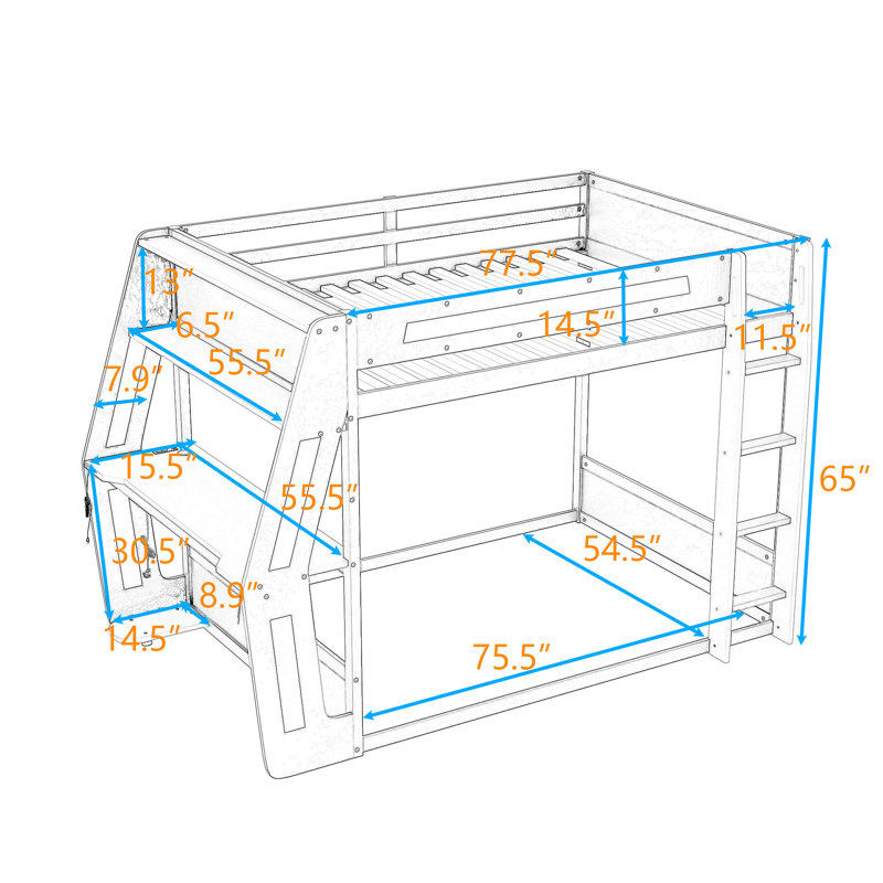 Lit superposé double / double avec bureau et tablettes intégrés, Vert