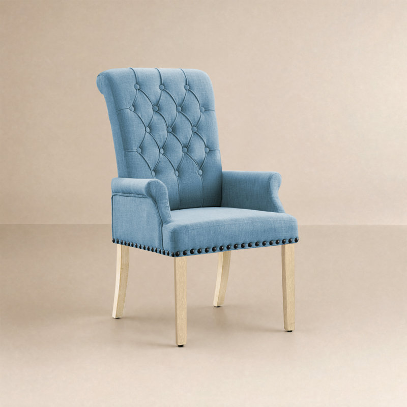 Amdad Tufted Upholstered Fabric Dining Chair with Arms, Linen, Blue, Natural