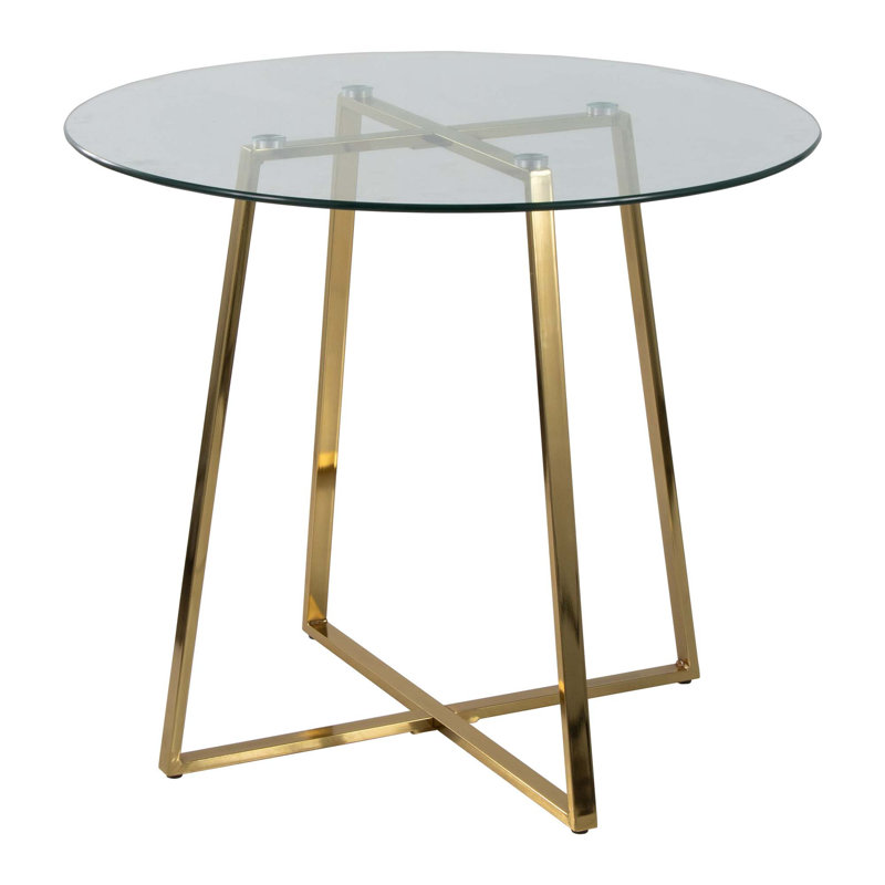 Table de salle à manger en métal doré et verre trempé transparent