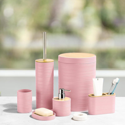 L'ensemble de salle de bain en bambou 6 pièces comprend un distributeur de savon, un porte-brosse à dents, un porte-brosse à dents, un porte-savon pour comptoir décoratif et un cadeau de pendaison de crémaillère, rose Sriral