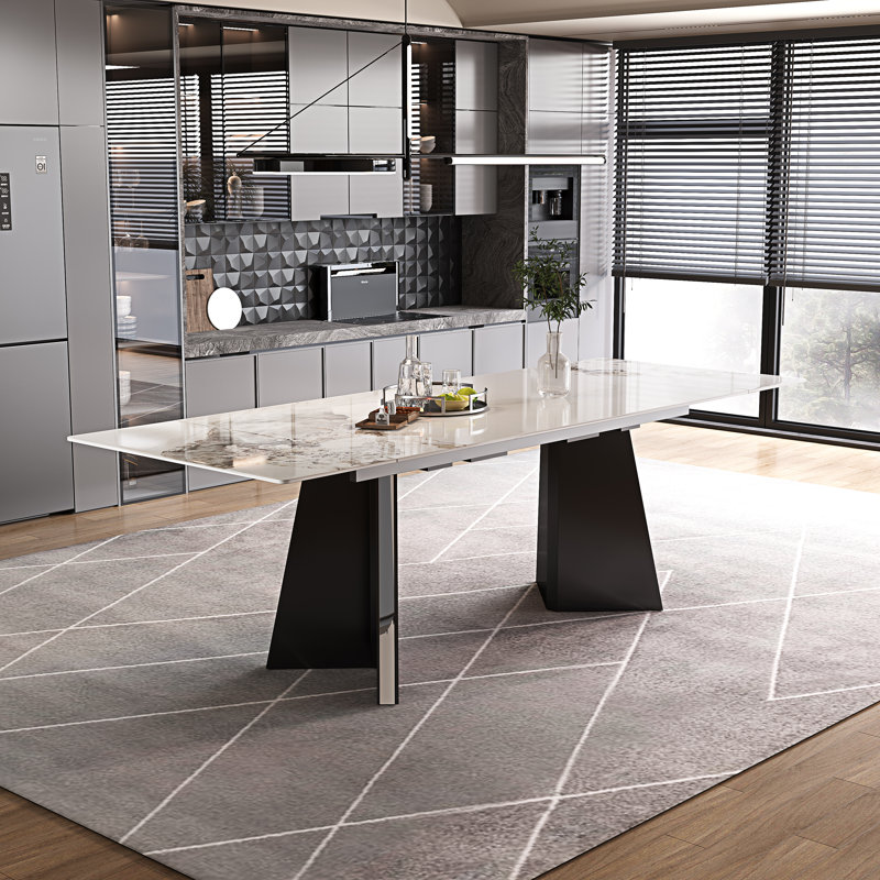 Glam Modern 63'' To 94.5” Extendable Dining Table With Sintered Stone Tabletop And Steel Base For 6-10, Chanel