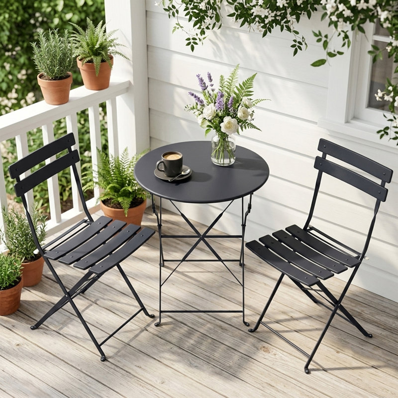 Ensemble bistro 3 pièces, conception pliante peu encombrante, acier massif, ensemble de mobilier d'extérieur avec 2 chaises, table bistro