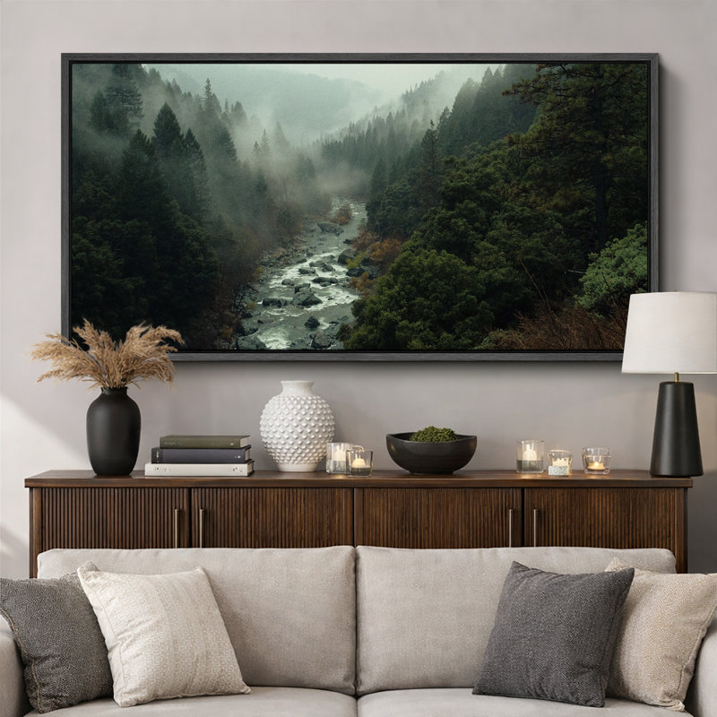 «Mystical Misty Forest River Modern Art», très grande impression d'art, H 30 po x l 60 po, Black