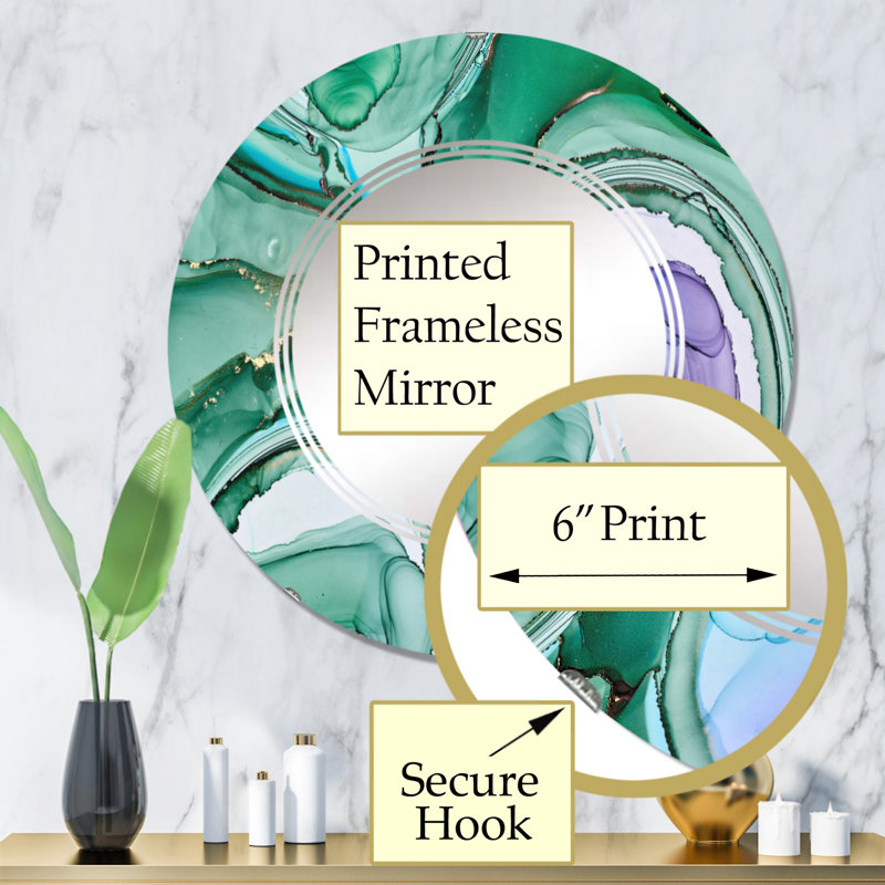 Vert et mauve luxueux abstrait Art fluide I - miroir mural moderne, 32 po x 32 po