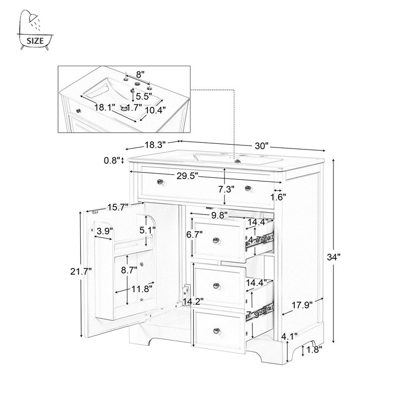 Meuble-lavabo simple 30 po avec comptoir en céramique Cashel