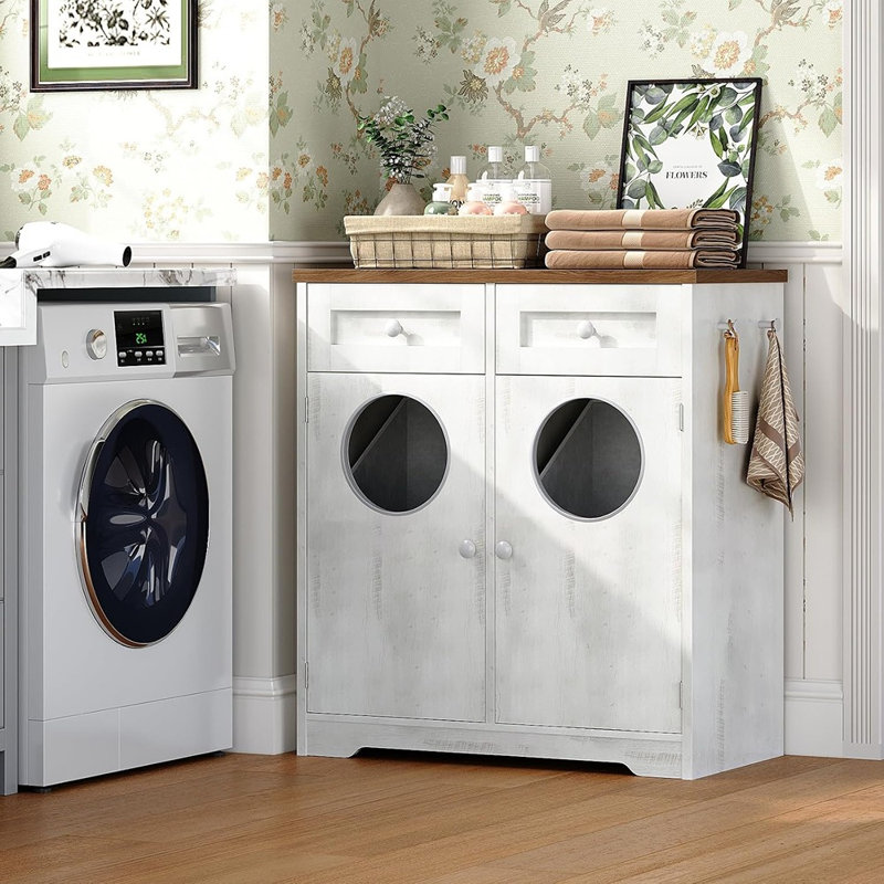 Armoire à linge double avec tiroirs et paniers dissimulés, rangement de style campagnard