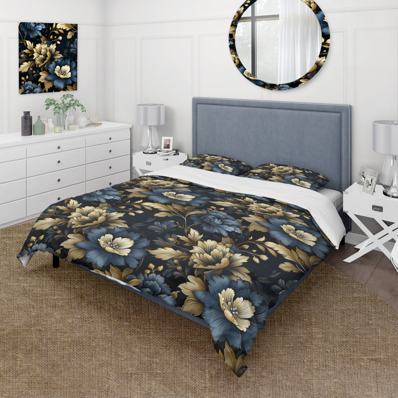 Ensemble de housse de couette damassé Glamour V bleu foncé et doré, Housse de couette simple + 1 taie décorative stan